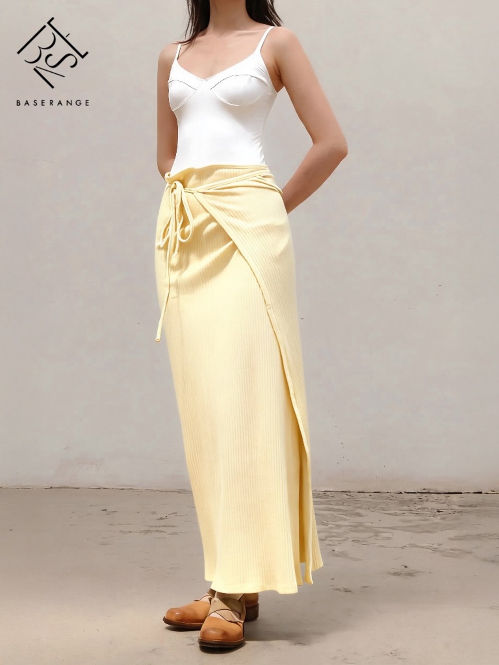 Butter Yellow Rib Wrap Maxi Skirt — Baserange Brig, Organic Cotton, L